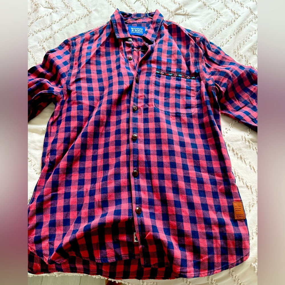 Scotch & Soda Red and Navy Plaid Button-Down Shirt with Beaded Pocket Detailing